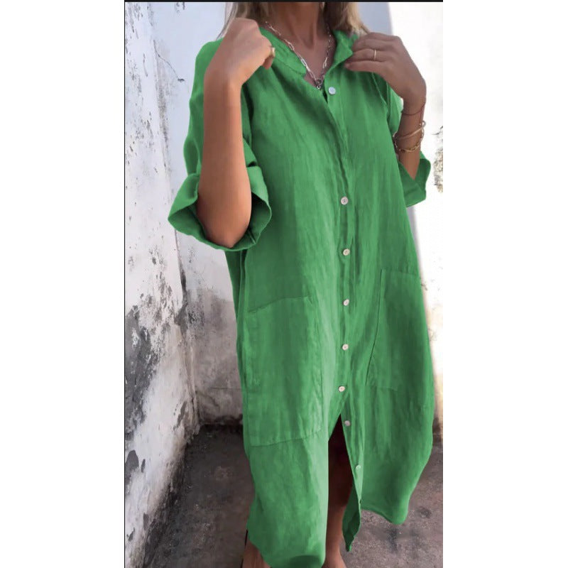 Women’s Cotton Linen Shirt Dress – Loose Casual Half Sleeve A-Line Summer Dress | Breathable, Comfortable, Plus Size + 🚚 Free Worldwide Shipping 🎉 Extra 30% OFF At Checkout