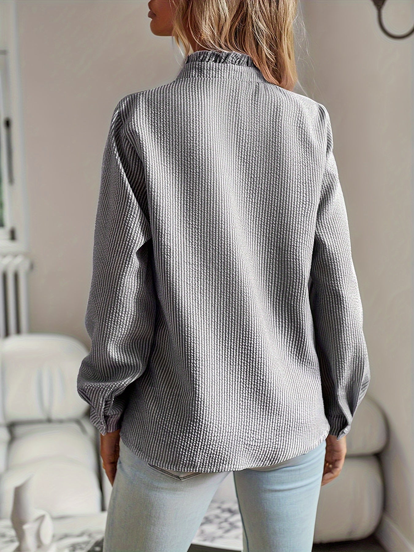 2026 New Western Style Cross-border Stand Collar Autumn Ruffled Cardigan Ruffle Long Sleeve Bubble Top Women's Shirt 🚚 Free Worldwide Shipping 🎉 Extra 30% OFF At Checkout