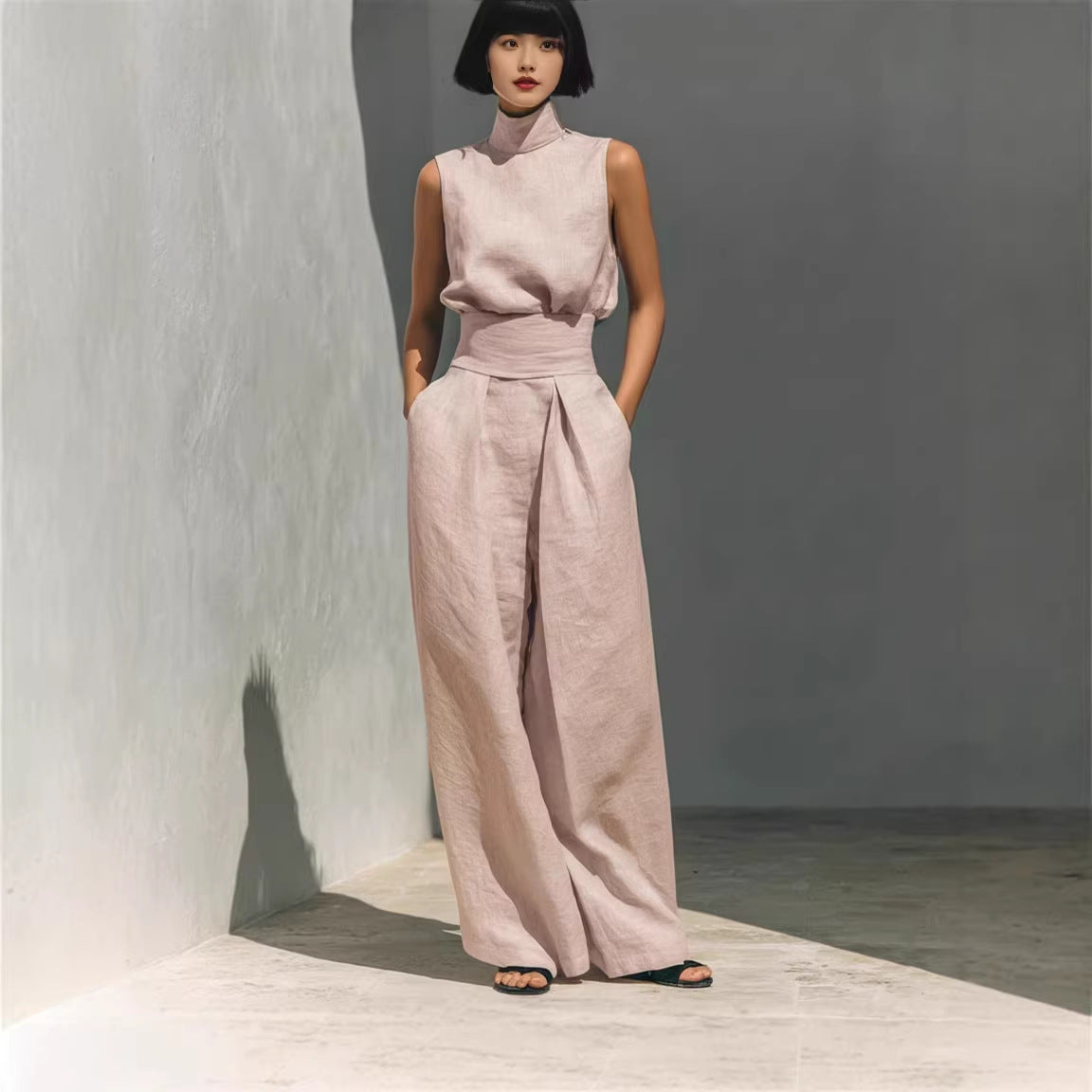 Casual Sleeveless Suit Summer Stand-up Collar Pullover Top And Loose Straight-leg Trousers Women's Clothing + 🚚 Free Worldwide Shipping 🎉 Extra 30% OFF At Checkout