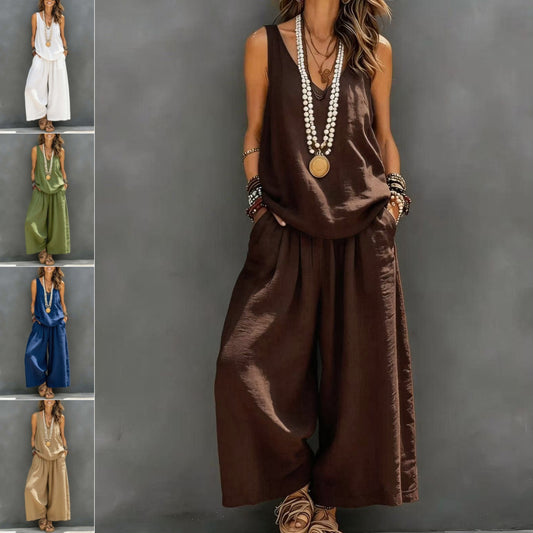 Women’s Cotton Linen Two Piece Set – Sleeveless Tank Top & Wide Leg Pants Summer Outfit (Casual Holiday Loungewear Set) + 🚚 Free Worldwide Shipping 🎉 Extra 30% OFF At Checkout