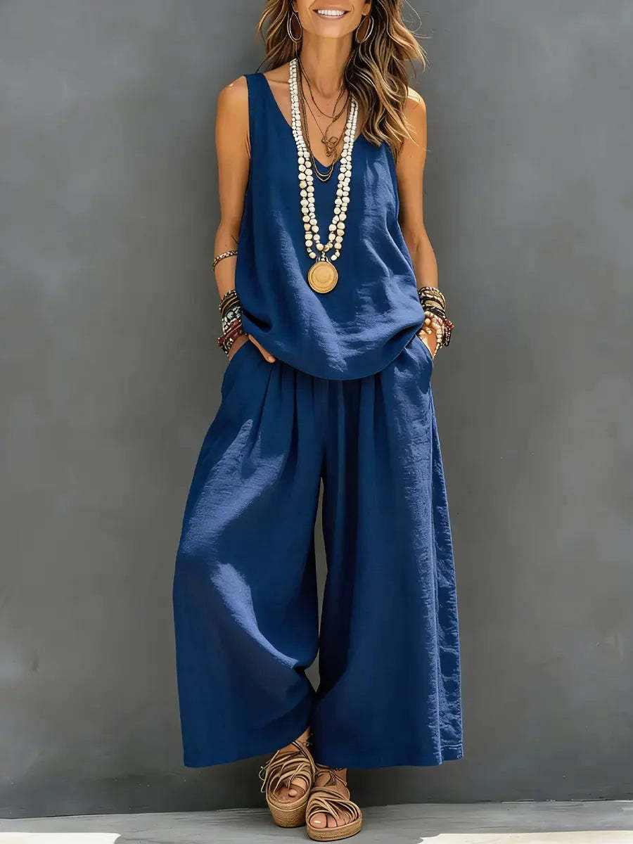 Women’s Cotton Linen Two Piece Set – Sleeveless Tank Top & Wide Leg Pants Summer Outfit (Casual Holiday Loungewear Set) + 🚚 Free Worldwide Shipping