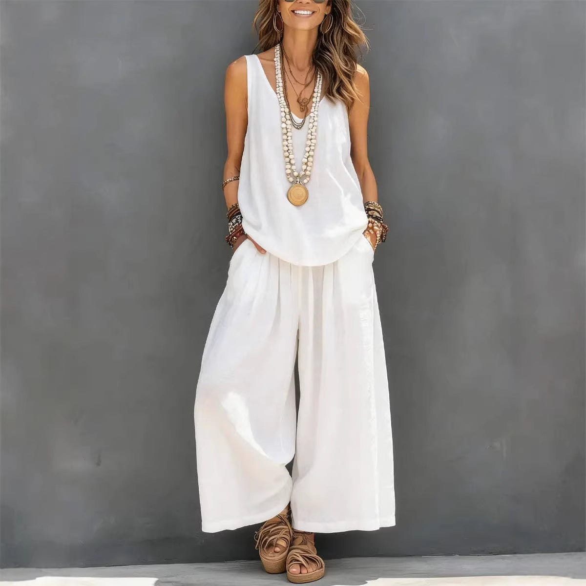 Women’s Cotton Linen Two Piece Set – Sleeveless Tank Top & Wide Leg Pants Summer Outfit (Casual Holiday Loungewear Set) + 🚚 Free Worldwide Shipping