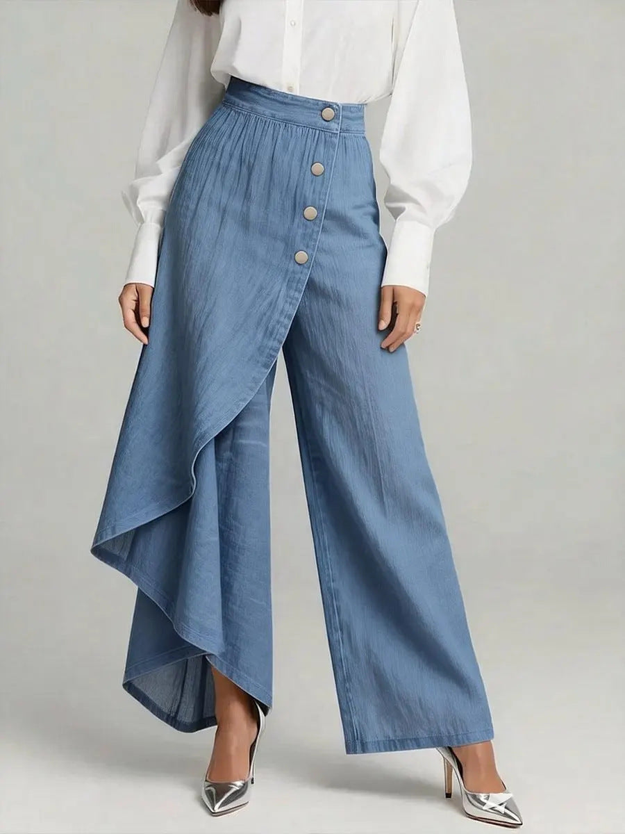 Women’s High-Waisted Straight Leg Faux Denim Pants – Ruffle Button Wide-Leg Trousers | Trendy Streetwear Jeans Alternative + 🚚 Free Worldwide Shipping 🎉 Extra 30% OFF At Checkout