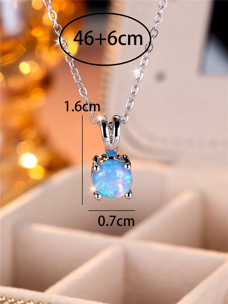 Blue & White Fire Opal Round Pendant Necklace — Vintage Silver Tone Wedding Jewelry Gift for Women