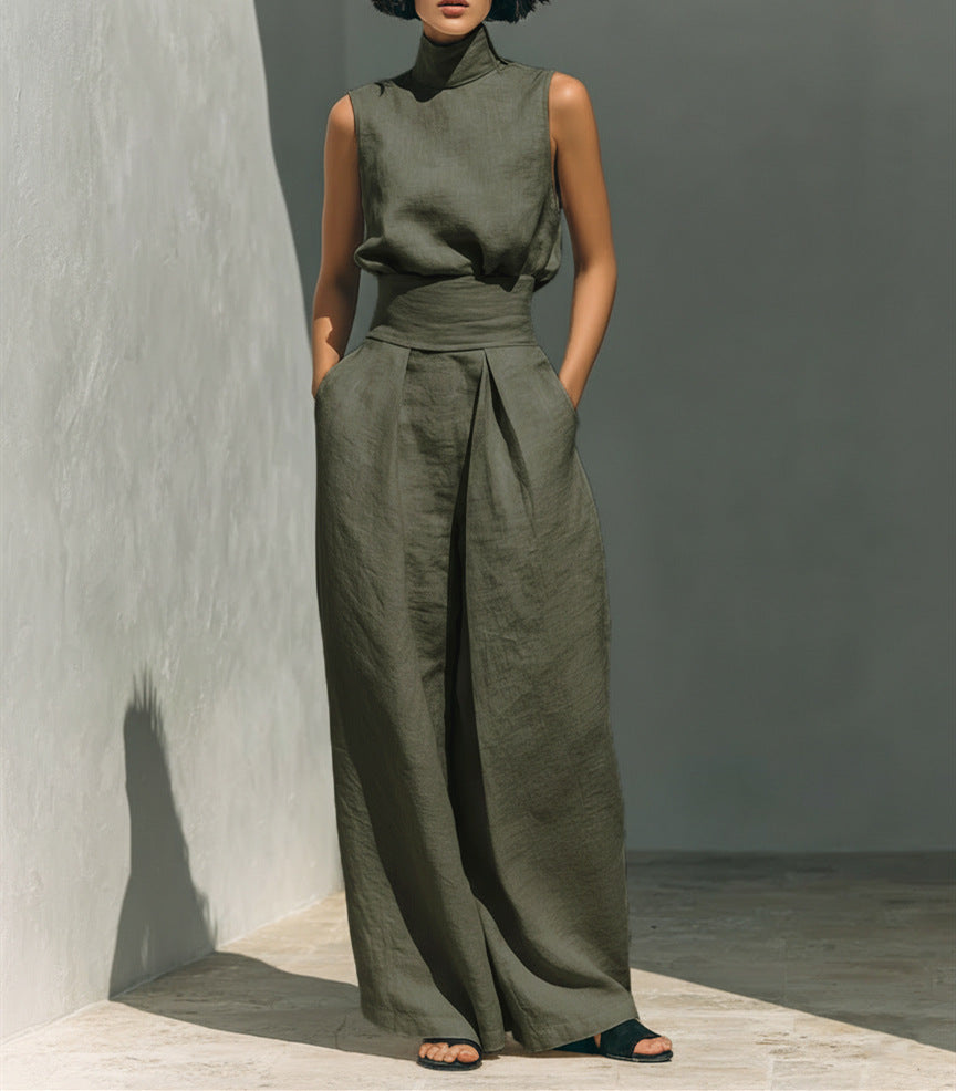 Casual Sleeveless Suit Summer Stand-up Collar Pullover Top And Loose Straight-leg Trousers Women's Clothing + 🚚 Free Worldwide Shipping 🎉 Extra 30% OFF At Checkout