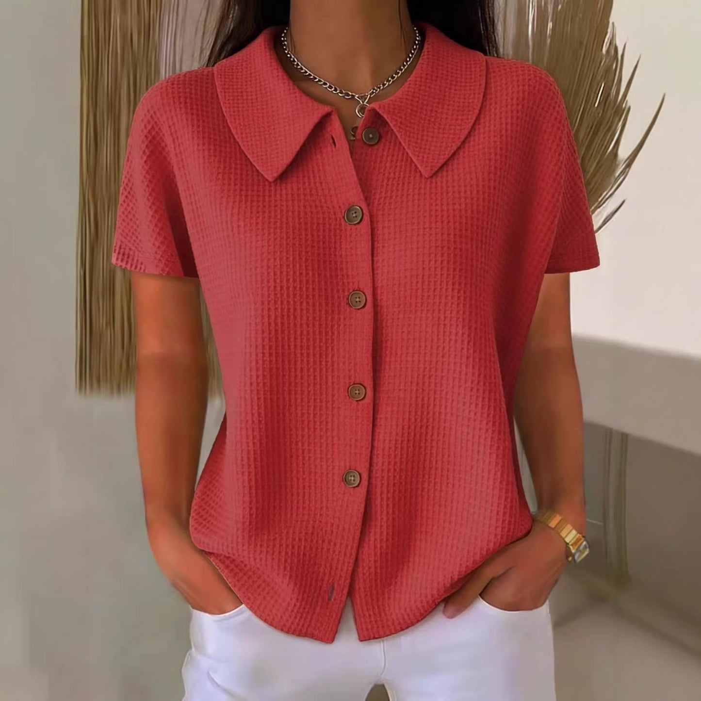 Turn-Down Collar Waffle Weave Solid Color Casual Loose Fit Short Sleeve Shirt - Women's Cotton Blend Lightweight Summer Top For Daily Wear + 🚚 Free Worldwide Shipping 🎉 Extra 30% OFF At Checkout