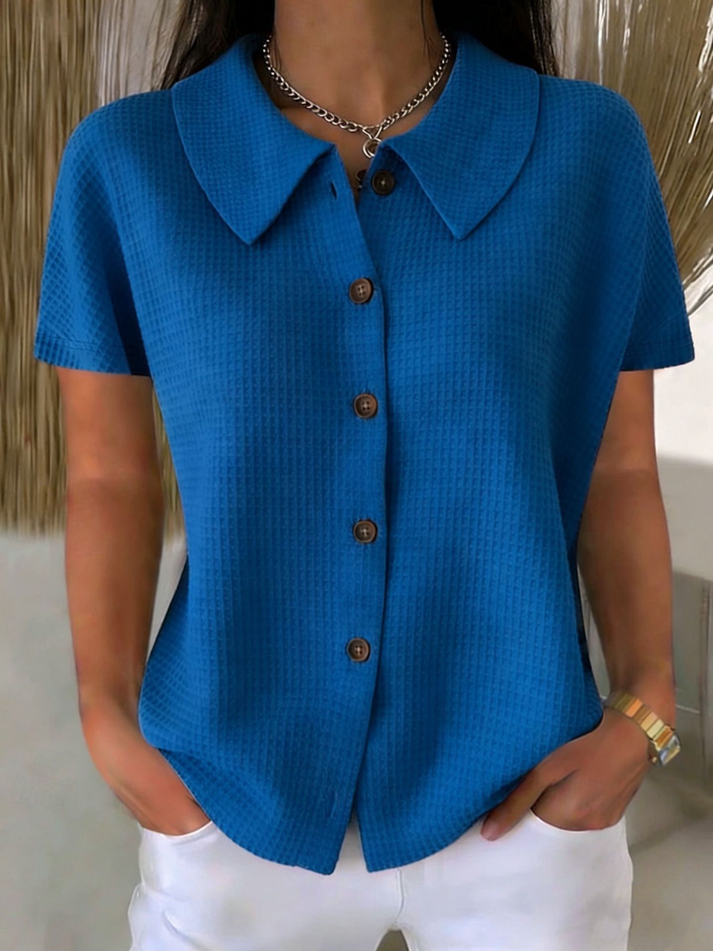 Turn-Down Collar Waffle Weave Solid Color Casual Loose Fit Short Sleeve Shirt - Women's Cotton Blend Lightweight Summer Top For Daily Wear + 🚚 Free Worldwide Shipping 🎉 Extra 30% OFF At Checkout