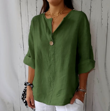 V-neck Long-sleeved T-shirt Fashion Loose Cotton And Linen Button Tops For Women + 🚚 Free Worldwide Shipping 🎉 Extra 30% OFF At Checkout