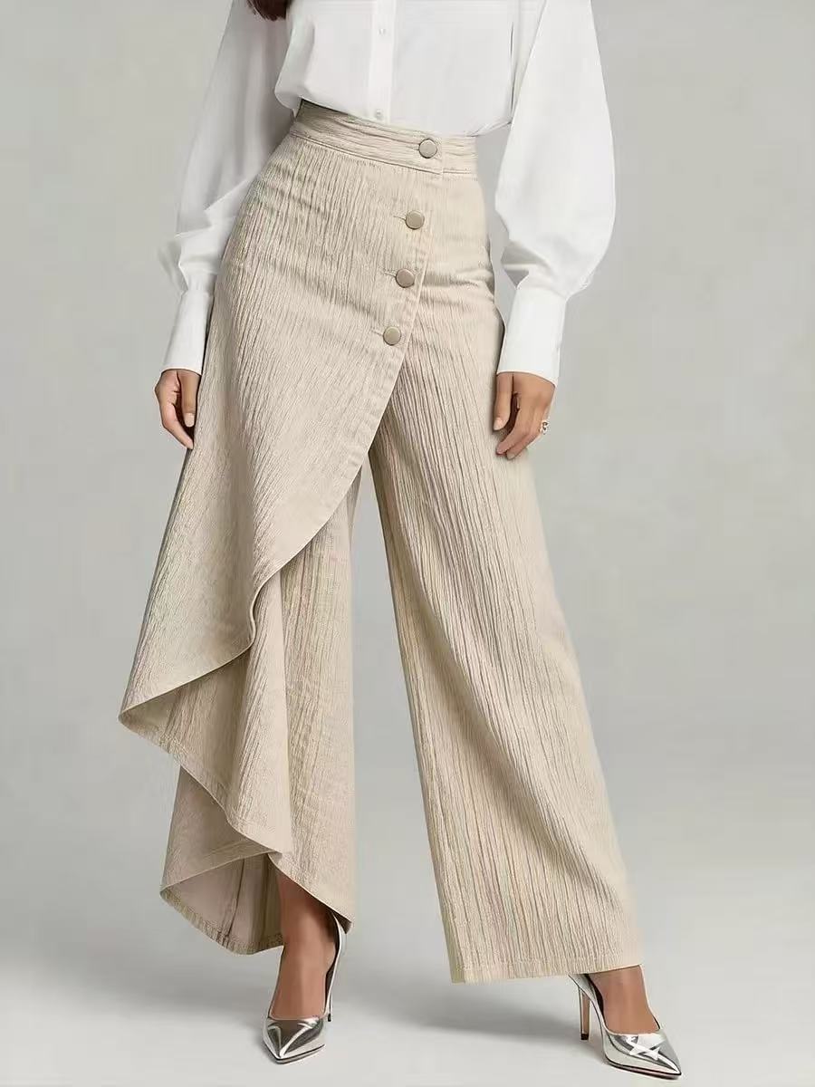Women’s High-Waisted Straight Leg Faux Denim Pants – Ruffle Button Wide-Leg Trousers | Trendy Streetwear Jeans Alternative + 🚚 Free Worldwide Shipping 🎉 Extra 30% OFF At Checkout