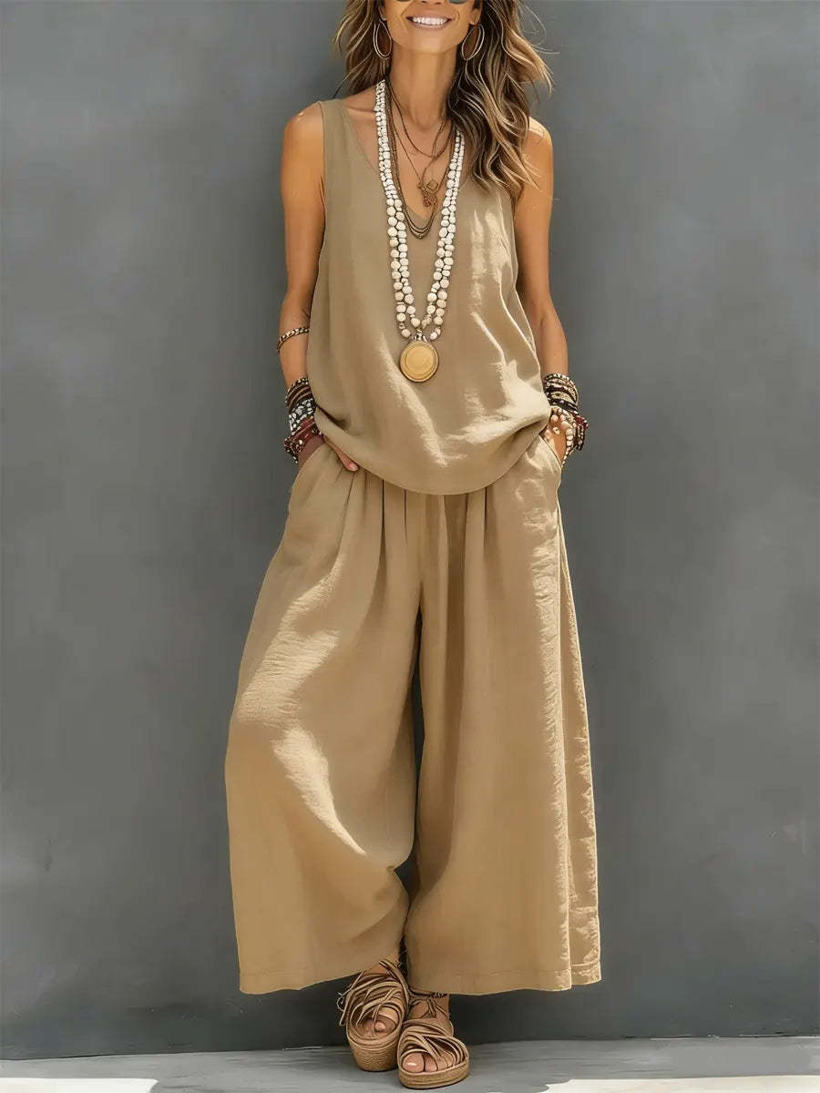 Women’s Cotton Linen Two Piece Set – Sleeveless Tank Top & Wide Leg Pants Summer Outfit (Casual Holiday Loungewear Set) + 🚚 Free Worldwide Shipping