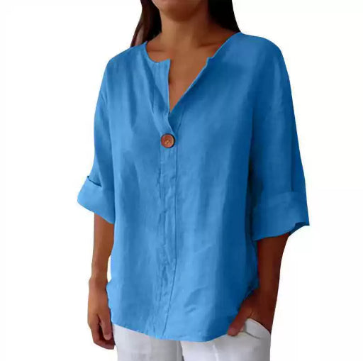 V-neck Long-sleeved T-shirt Fashion Loose Cotton And Linen Button Tops For Women + 🚚 Free Worldwide Shipping 🎉 Extra 30% OFF At Checkout