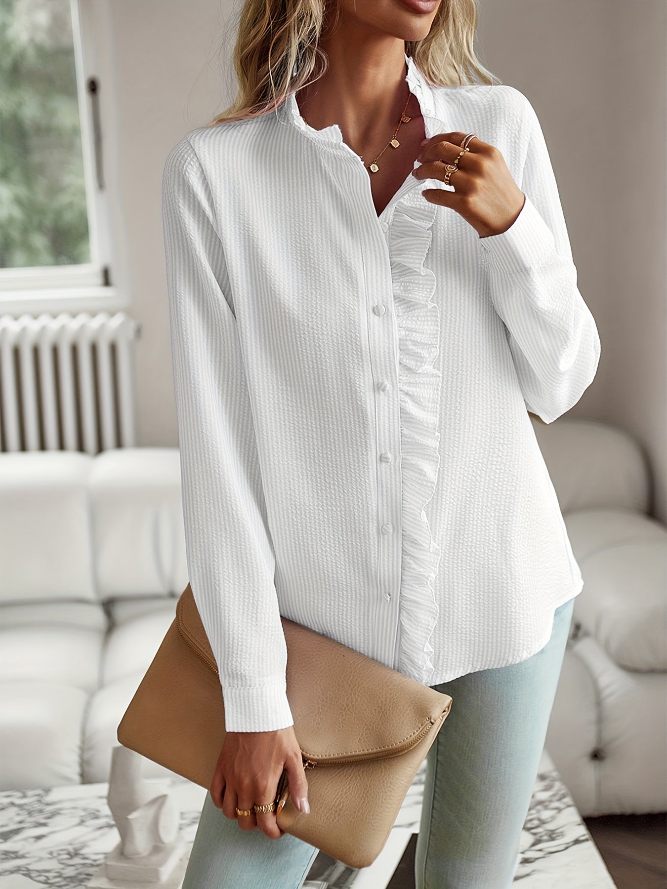 2026 New Western Style Cross-border Stand Collar Autumn Ruffled Cardigan Ruffle Long Sleeve Bubble Top Women's Shirt 🚚 Free Worldwide Shipping 🎉 Extra 30% OFF At Checkout