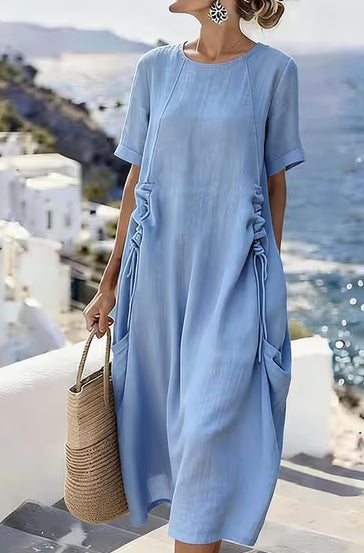 Women's Summer Loose Casual Midi Dress Breathable Cotton Linen Short-sleeve Mid-length Dresses Women Simple Beach Dress + 🚚 Free Worldwide Shipping 🎉 Extra 30% OFF At Checkout