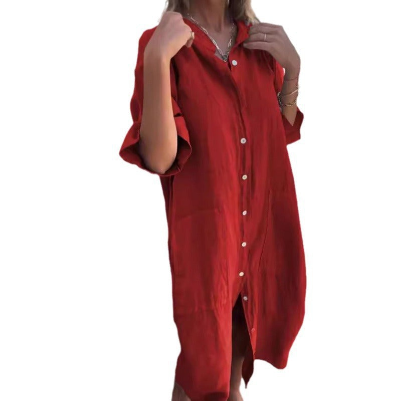 Women’s Cotton Linen Shirt Dress – Loose Casual Half Sleeve A-Line Summer Dress | Breathable, Comfortable, Plus Size + 🚚 Free Worldwide Shipping 🎉 Extra 30% OFF At Checkout