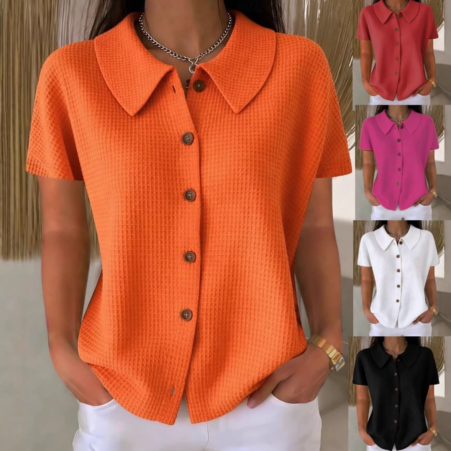 Turn-Down Collar Waffle Weave Solid Color Casual Loose Fit Short Sleeve Shirt - Women's Cotton Blend Lightweight Summer Top For Daily Wear + 🚚 Free Worldwide Shipping 🎉 Extra 30% OFF At Checkout
