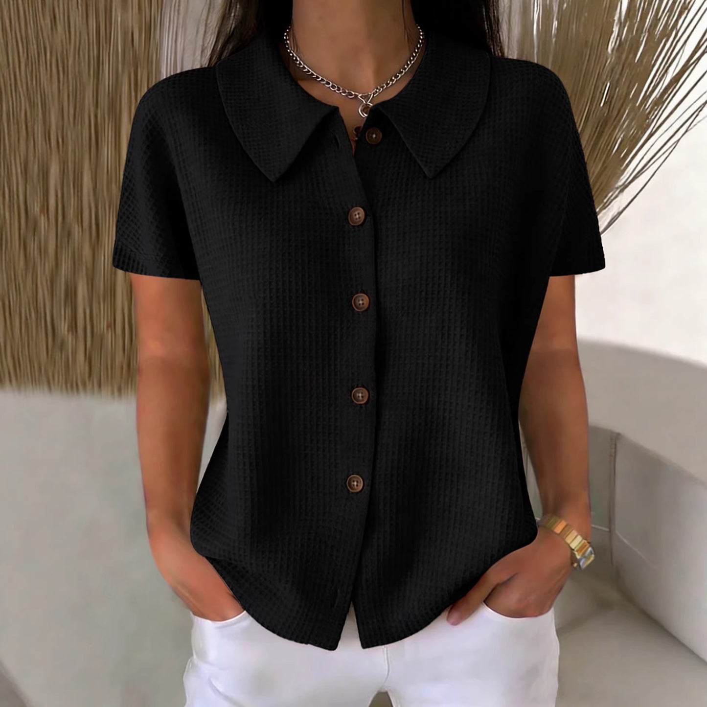 Turn-Down Collar Waffle Weave Solid Color Casual Loose Fit Short Sleeve Shirt - Women's Cotton Blend Lightweight Summer Top For Daily Wear + 🚚 Free Worldwide Shipping 🎉 Extra 30% OFF At Checkout