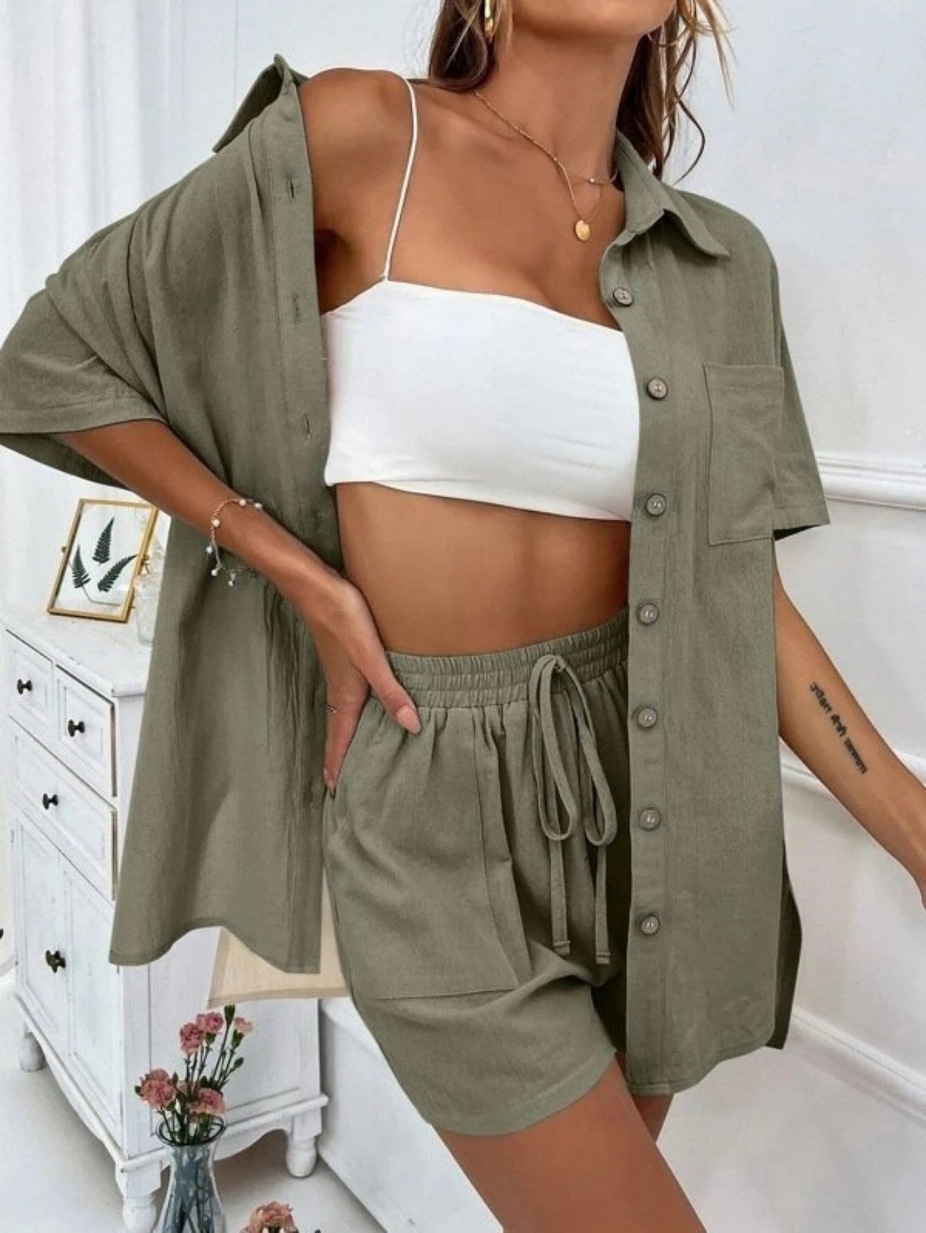 Cross-border Women's Amazon Hot-selling Distressed Cardigan Shorts Fashionable Elegant Casual Women's Set + 🚚 Free Worldwide Shipping