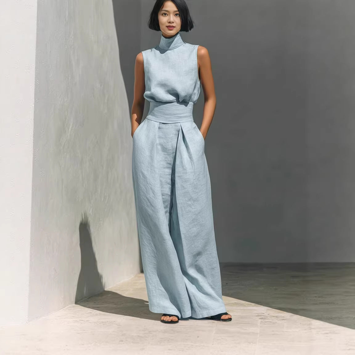 Casual Sleeveless Suit Summer Stand-up Collar Pullover Top And Loose Straight-leg Trousers Women's Clothing + 🚚 Free Worldwide Shipping 🎉 Extra 30% OFF At Checkout