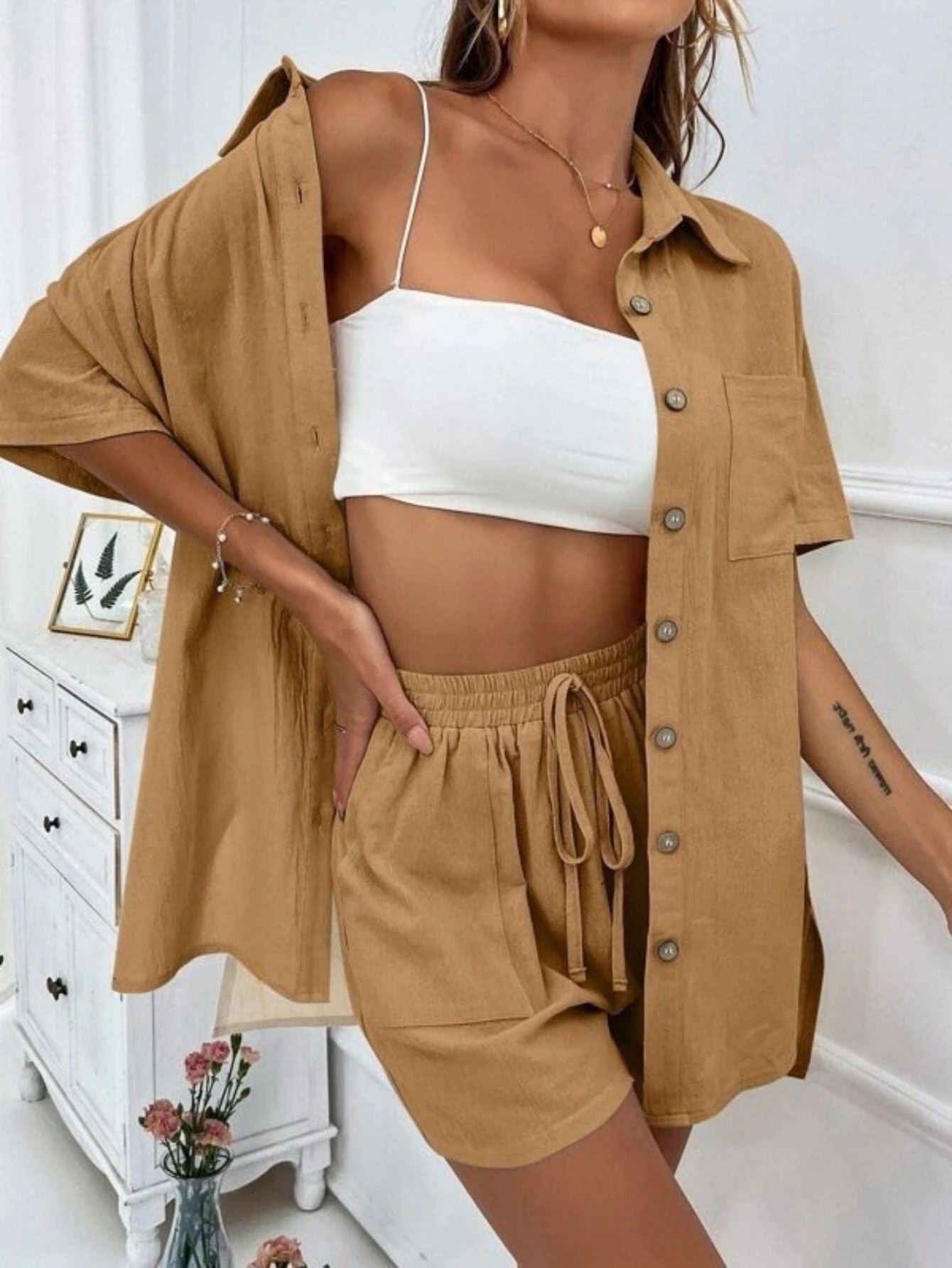 Cross-border Women's Amazon Hot-selling Distressed Cardigan Shorts Fashionable Elegant Casual Women's Set + 🚚 Free Worldwide Shipping