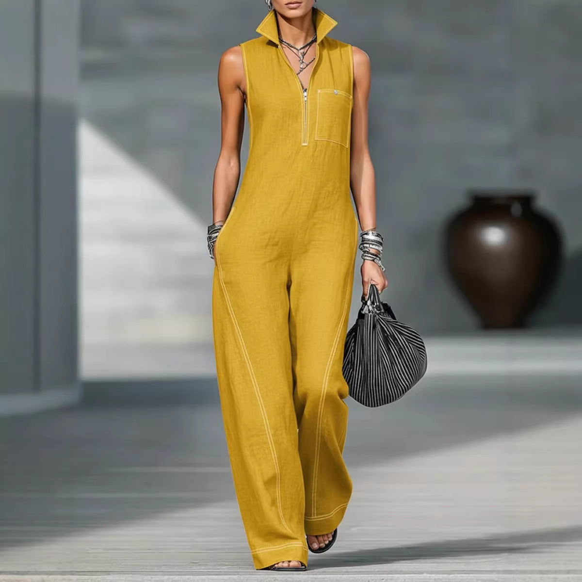 Stand-up Collar Jumpsuit With Pockets Summer Fashion Casual Sleeveless Jumpsuit Trousers Women's Clothing + 🚚 Free Worldwide Shipping 🎉 Extra 30% OFF At Checkout