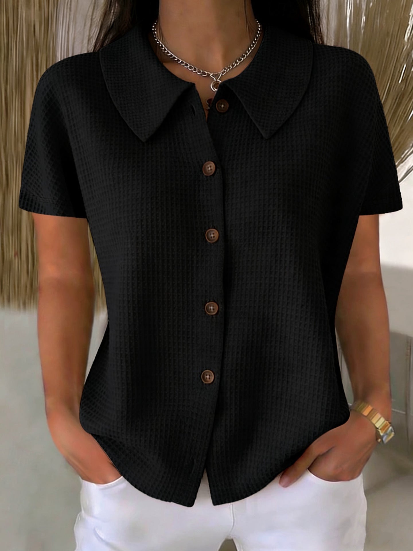 Turn-Down Collar Waffle Weave Solid Color Casual Loose Fit Short Sleeve Shirt - Women's Cotton Blend Lightweight Summer Top For Daily Wear + 🚚 Free Worldwide Shipping 🎉 Extra 30% OFF At Checkout