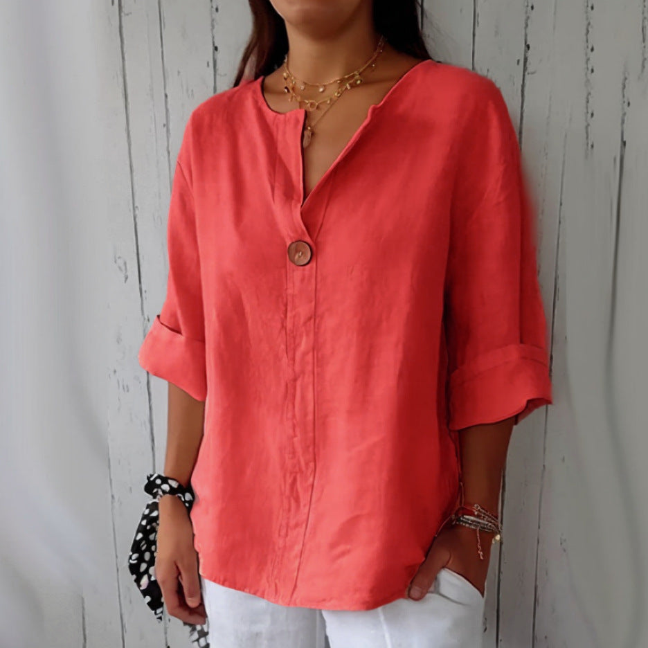 V-neck Long-sleeved T-shirt Fashion Loose Cotton And Linen Button Tops For Women + 🚚 Free Worldwide Shipping 🎉 Extra 30% OFF At Checkout