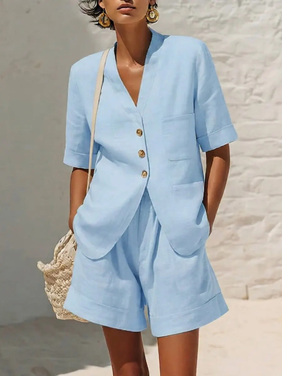 Women’s Cotton Linen Two-Piece Set – Loose Fit Summer Outfit, Breathable Matching Top & Cropped Pants + 🚚 Free Worldwide Shipping 🎉 Extra 30% OFF at Checkout
