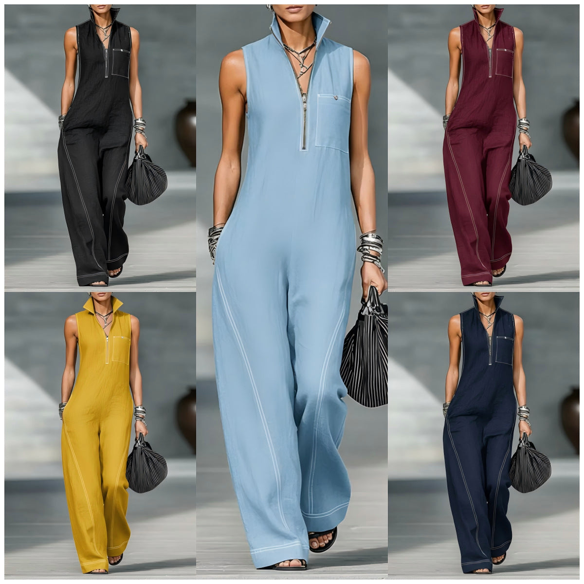 Stand-up Collar Jumpsuit With Pockets Summer Fashion Casual Sleeveless Jumpsuit Trousers Women's Clothing + 🚚 Free Worldwide Shipping 🎉 Extra 30% OFF At Checkout