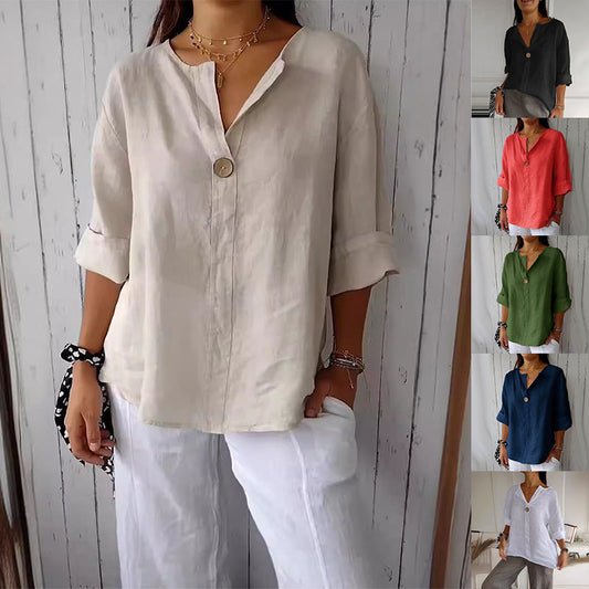 V-neck Long-sleeved T-shirt Fashion Loose Cotton And Linen Button Tops For Women + 🚚 Free Worldwide Shipping 🎉 Extra 30% OFF At Checkout