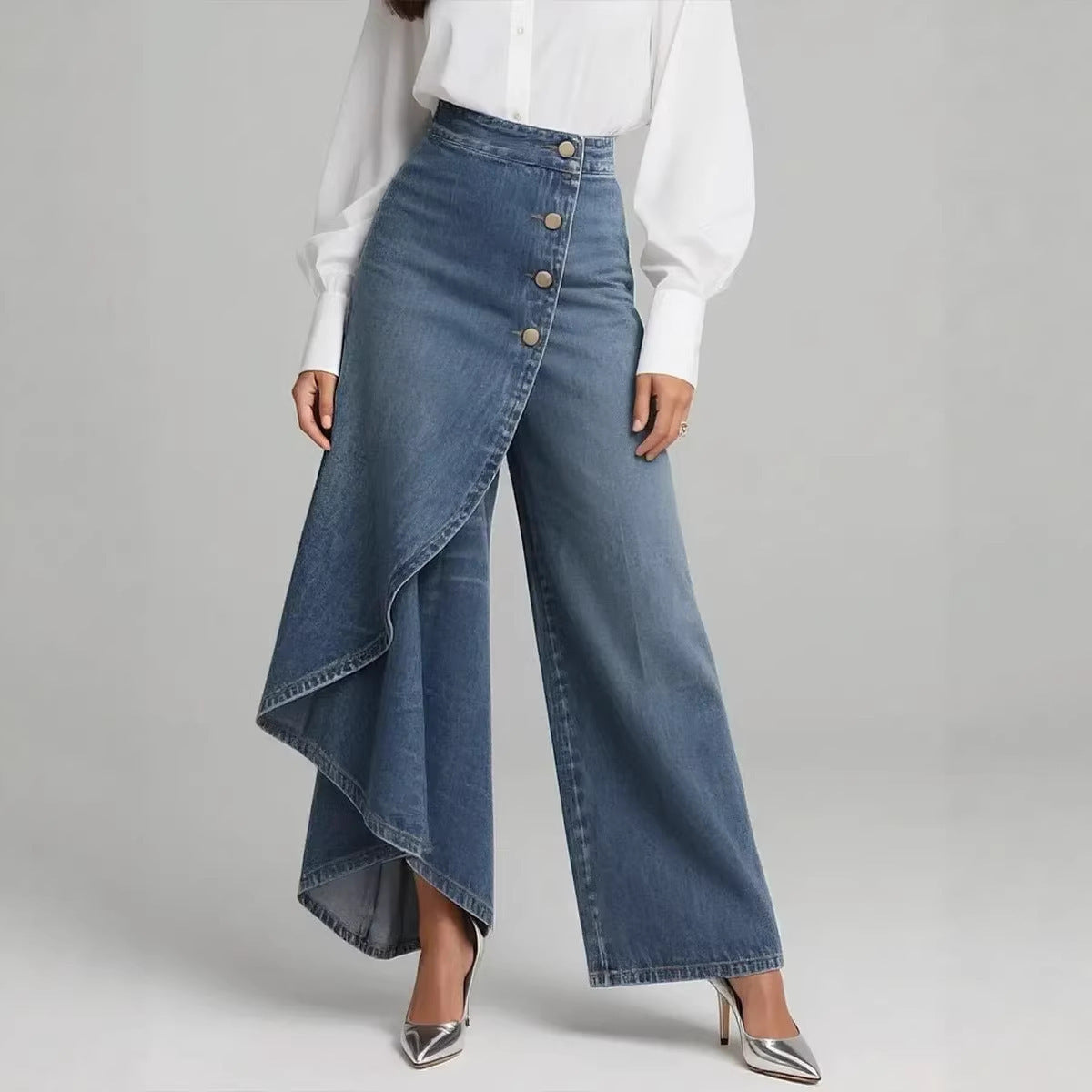 Women’s High-Waisted Straight Leg Faux Denim Pants – Ruffle Button Wide-Leg Trousers | Trendy Streetwear Jeans Alternative + 🚚 Free Worldwide Shipping 🎉 Extra 30% OFF At Checkout