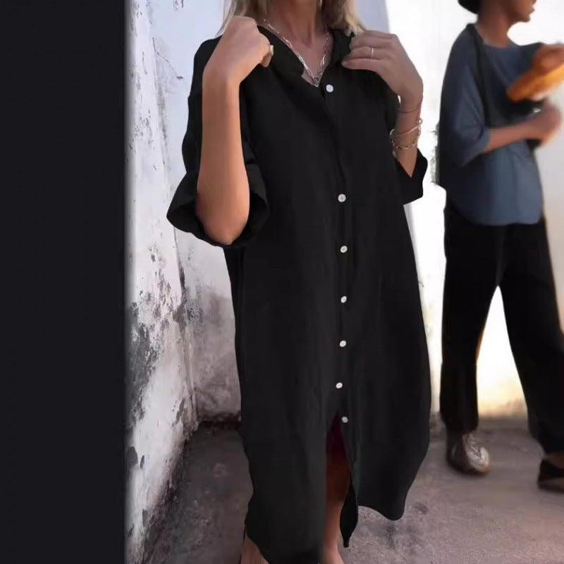 Women’s Cotton Linen Shirt Dress – Loose Casual Half Sleeve A-Line Summer Dress | Breathable, Comfortable, Plus Size + 🚚 Free Worldwide Shipping 🎉 Extra 30% OFF At Checkout
