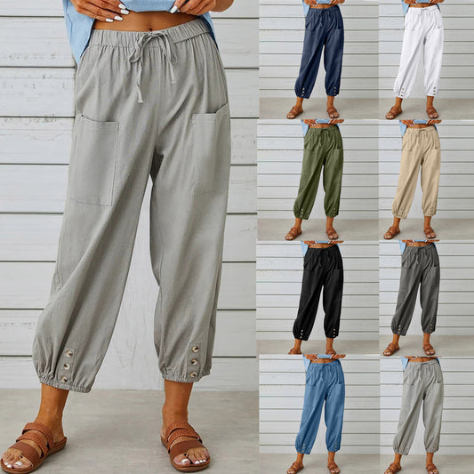 Women’s Cotton Linen Drawstring Pants – Lightweight Breathable Summer Trousers with Pockets | Relaxed Fit Casual Everyday Wear + 🚚 Free Worldwide Shipping 🎉 Extra 30% OFF At Checkout