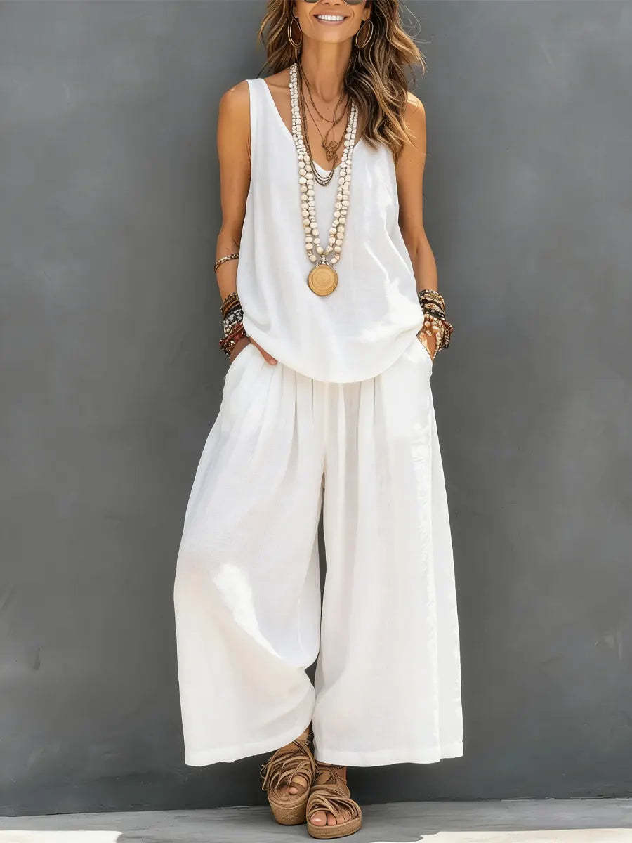 Women’s Cotton Linen Two Piece Set – Sleeveless Tank Top & Wide Leg Pants Summer Outfit (Casual Holiday Loungewear Set) + 🚚 Free Worldwide Shipping