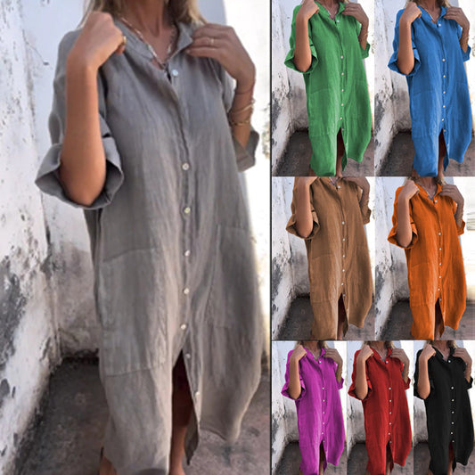 Women’s Cotton Linen Shirt Dress – Loose Casual Half Sleeve A-Line Summer Dress | Breathable, Comfortable, Plus Size + 🚚 Free Worldwide Shipping 🎉 Extra 30% OFF At Checkout