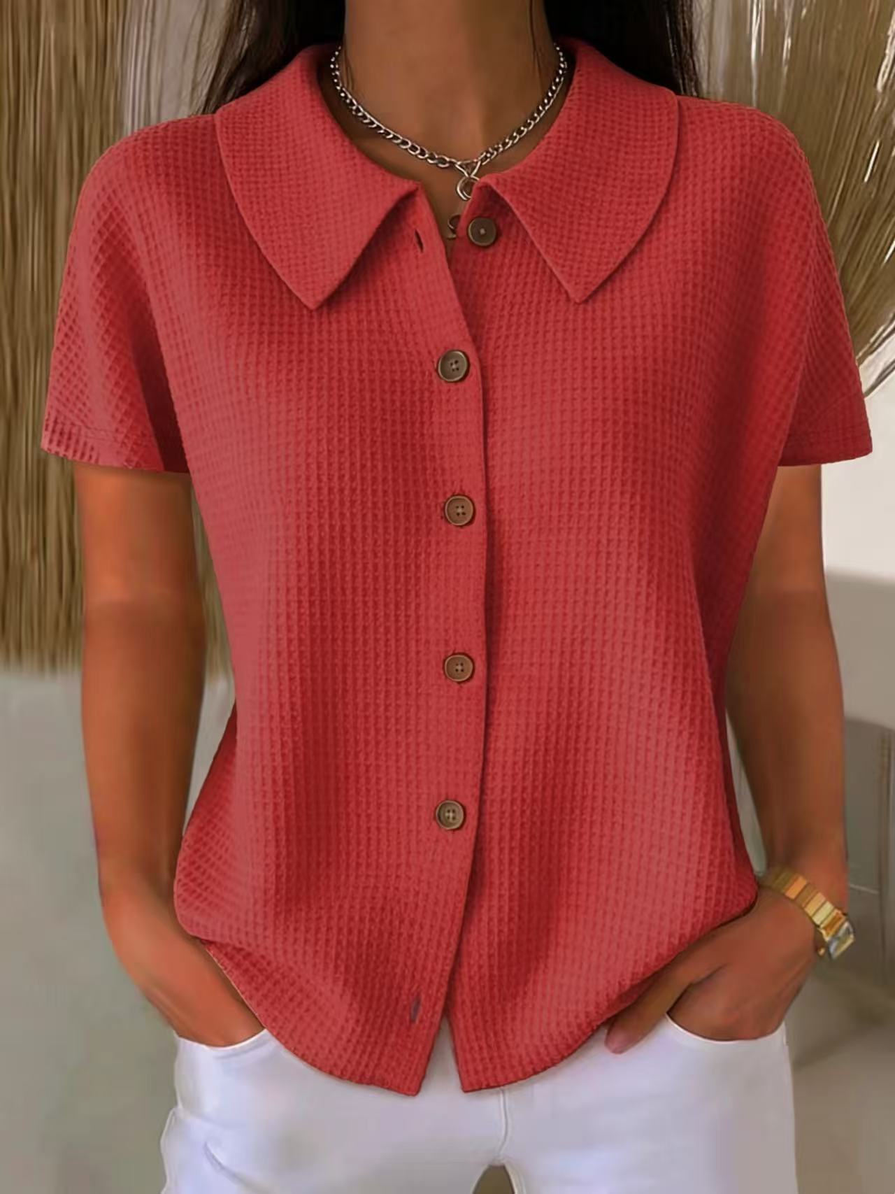 Turn-Down Collar Waffle Weave Solid Color Casual Loose Fit Short Sleeve Shirt - Women's Cotton Blend Lightweight Summer Top For Daily Wear + 🚚 Free Worldwide Shipping 🎉 Extra 30% OFF At Checkout