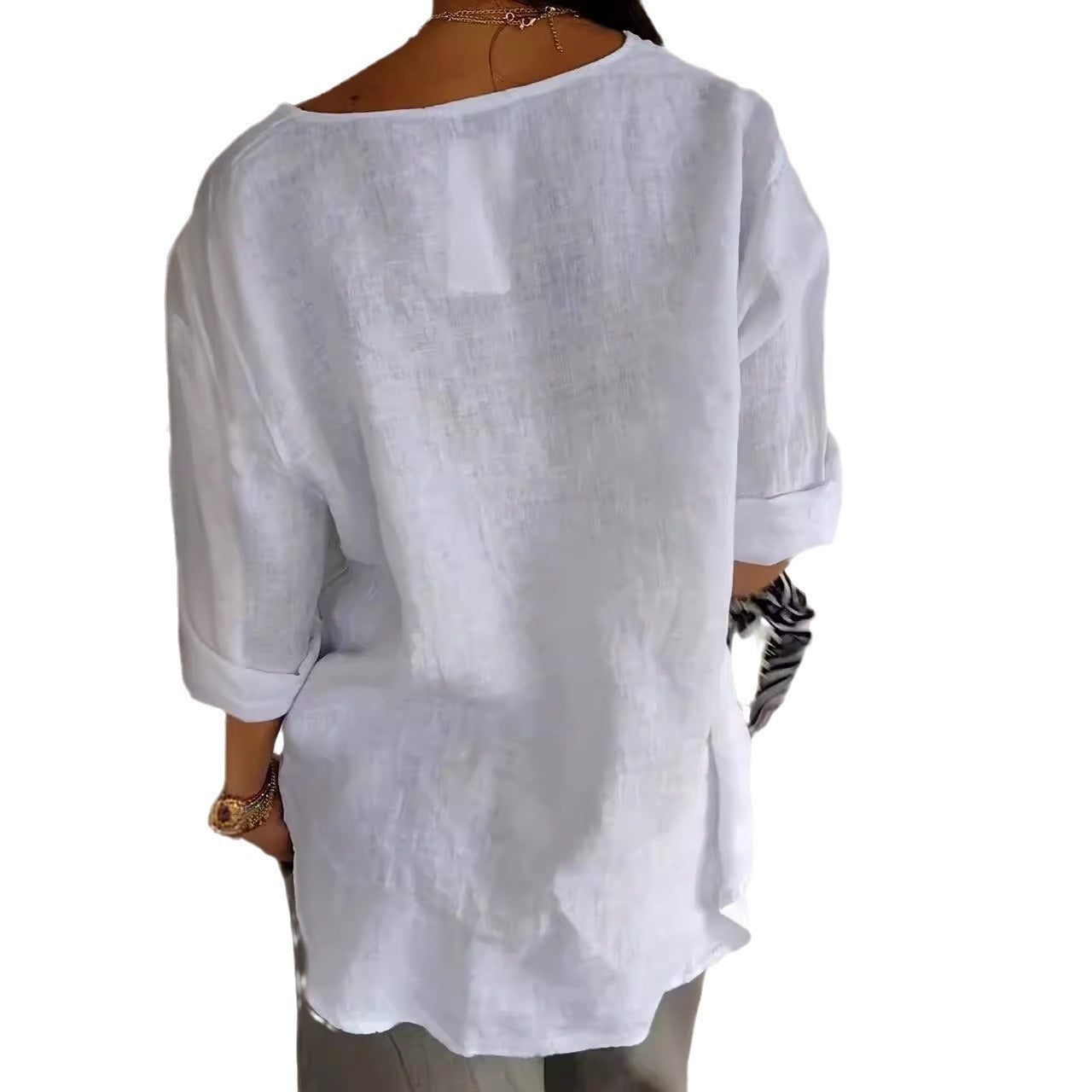 V-neck Long-sleeved T-shirt Fashion Loose Cotton And Linen Button Tops For Women + 🚚 Free Worldwide Shipping 🎉 Extra 30% OFF At Checkout