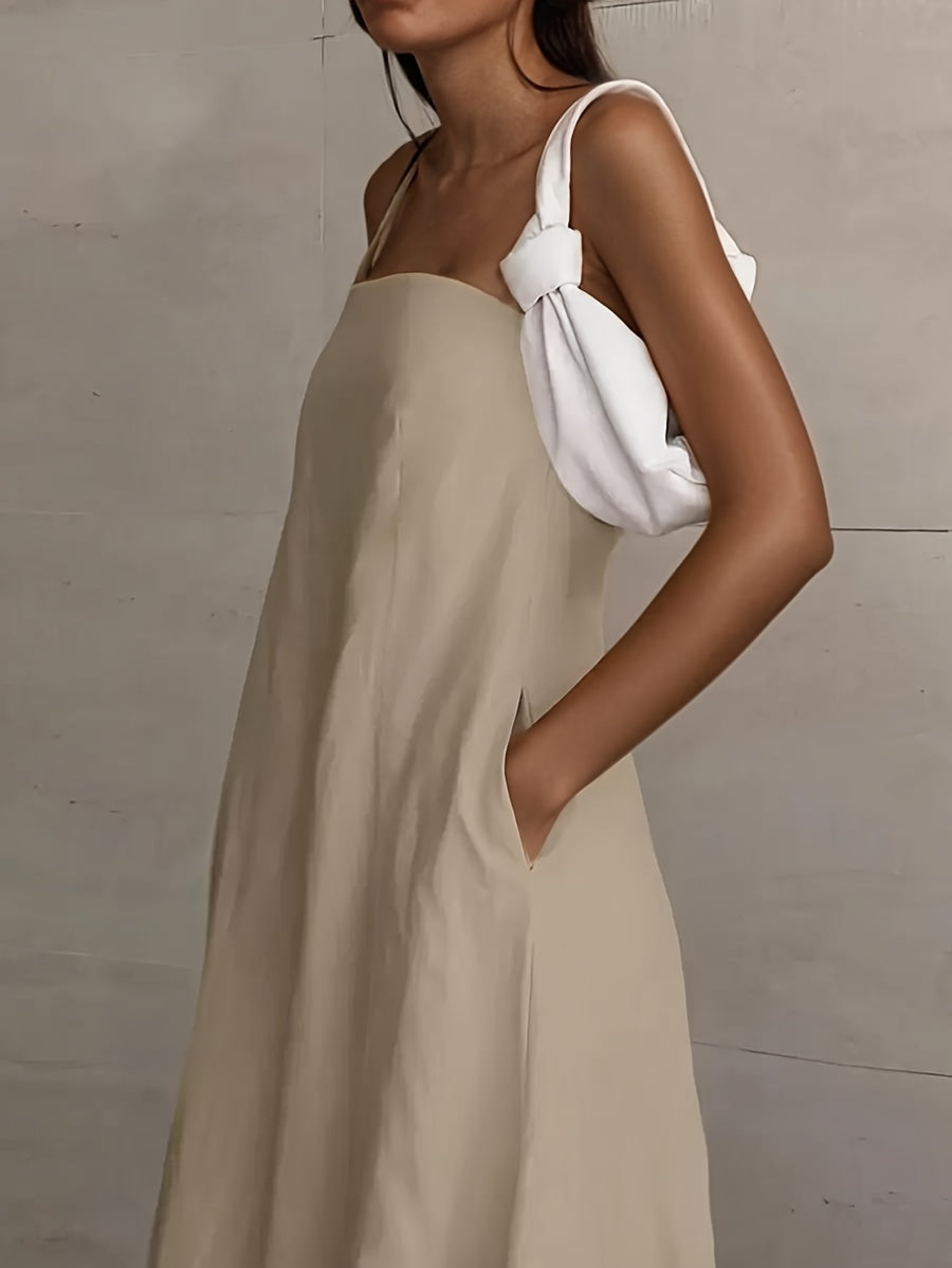 2026 NEW SUMMER Linen Women's High-Waisted Strapless Backless Patchwork Pocket Dress Lightweight Casual Vacation Dress With Smooth Texture, Solid Color Long Dress For Summer + 🚚 Free Worldwide Shipping