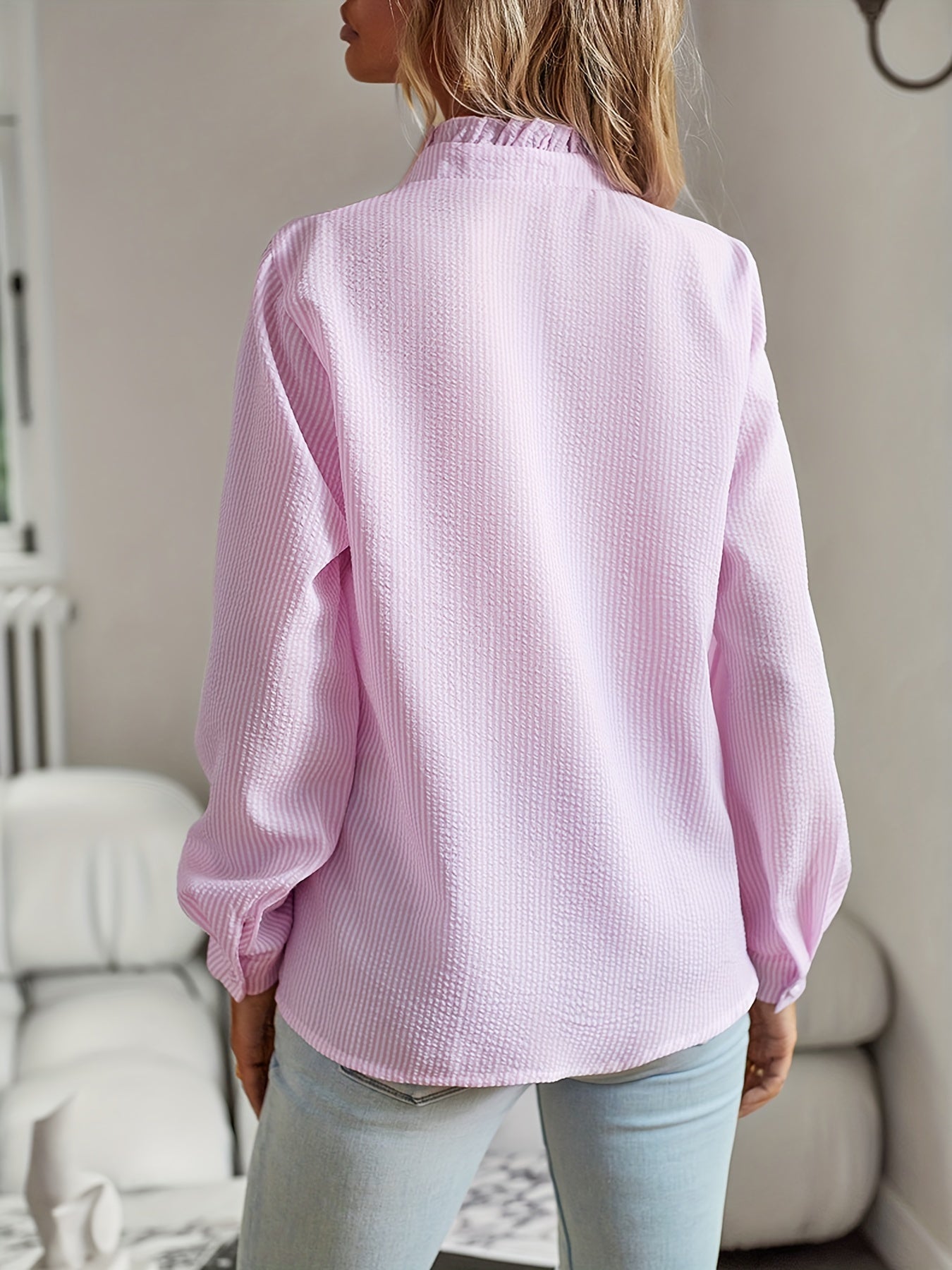 2026 New Western Style Cross-border Stand Collar Autumn Ruffled Cardigan Ruffle Long Sleeve Bubble Top Women's Shirt 🚚 Free Worldwide Shipping 🎉 Extra 30% OFF At Checkout