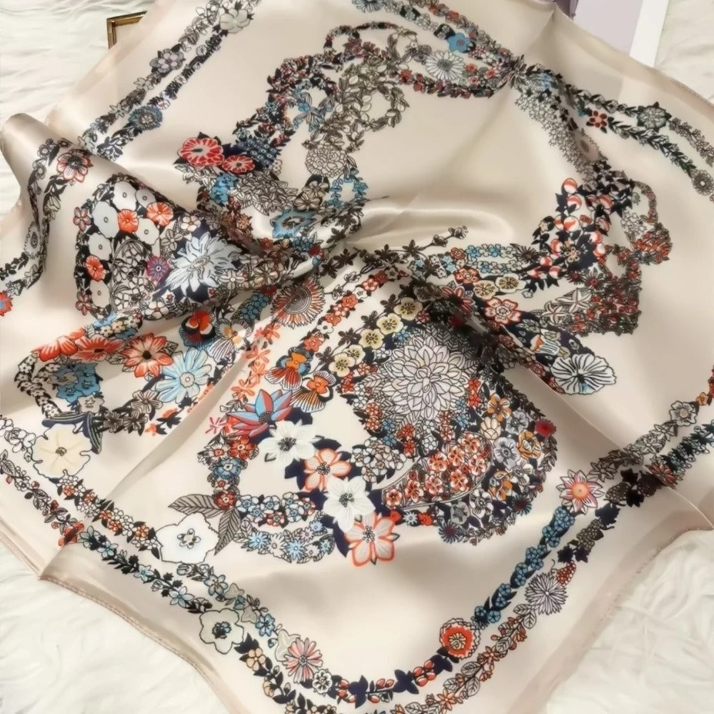 100% Mulberry Silk Floral Square Scarf – Luxury Small Silk Headscarf / Hair & Neck Neckerchief