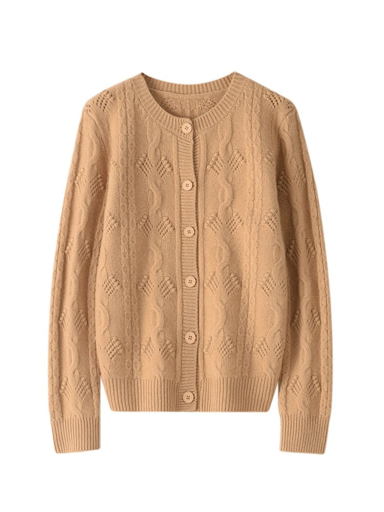 Women’s 100% Merino Wool O‑Neck Hollow‑Out Cardigan – Vintage Knit Layer, Lightweight & Chic – Free Worldwide Shipping