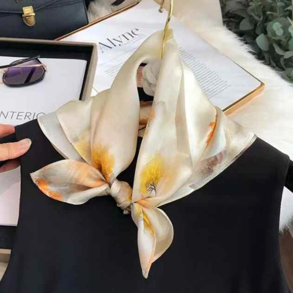 100% Mulberry Silk Floral Square Scarf – Luxury Small Silk Headscarf / Hair & Neck Neckerchief