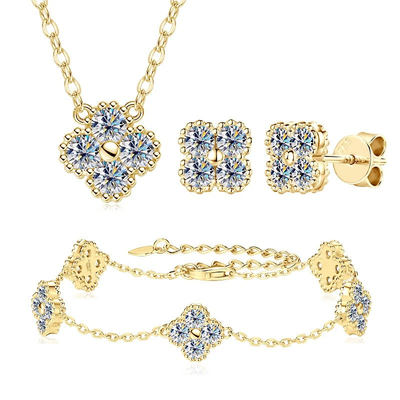 18K Gold Plated 925 Sterling Silver Moissanite Jewelry Set – 3-in-1 Necklace, Earrings & Bracelet with Four Leaf Clover Charm – Women’s Anniversary & Gift