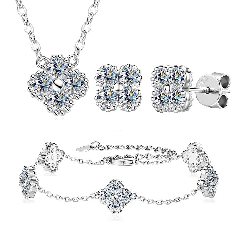 18K Gold Plated 925 Sterling Silver Moissanite Jewelry Set – 3-in-1 Necklace, Earrings & Bracelet with Four Leaf Clover Charm – Women’s Anniversary & Gift