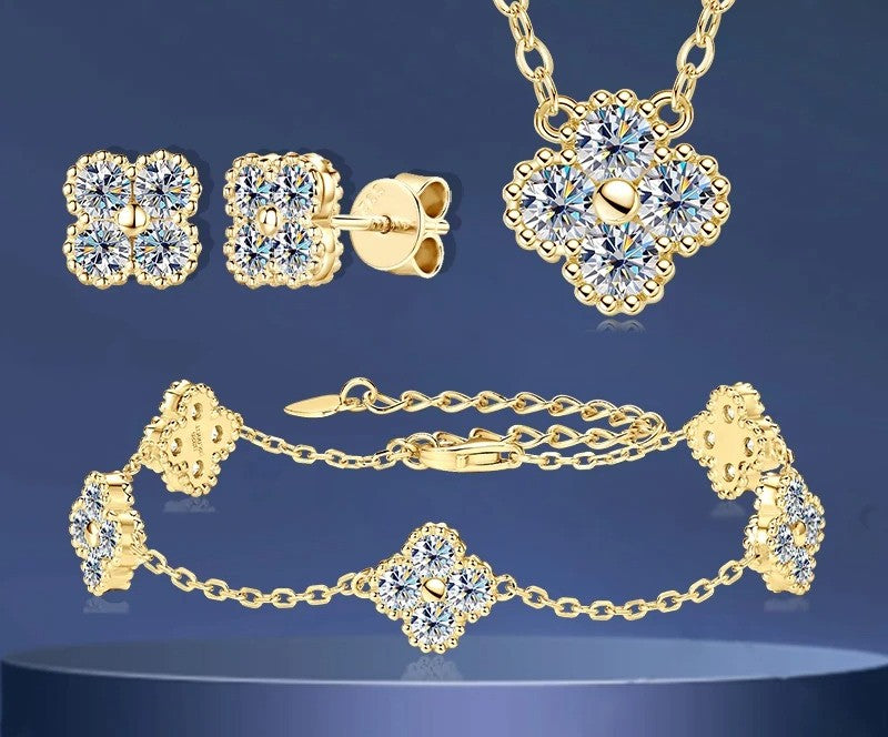 18K Gold Plated 925 Sterling Silver Moissanite Jewelry Set – 3-in-1 Necklace, Earrings & Bracelet with Four Leaf Clover Charm – Women’s Anniversary & Gift