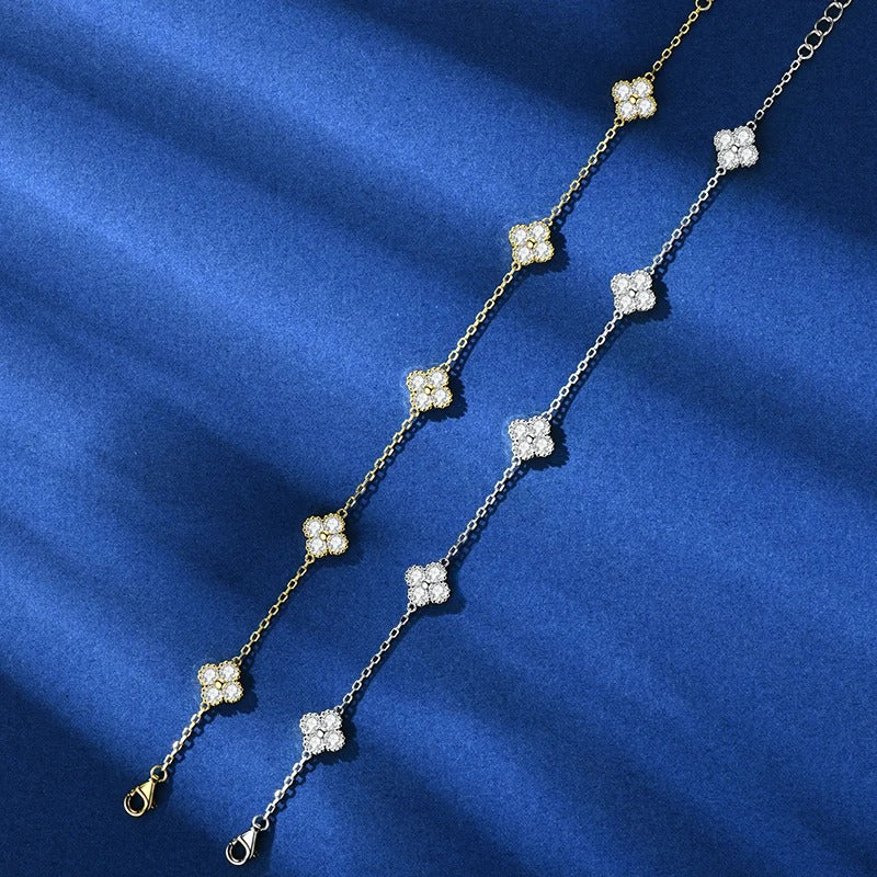 18K Gold Plated 925 Sterling Silver Moissanite Jewelry Set – 3-in-1 Necklace, Earrings & Bracelet with Four Leaf Clover Charm – Women’s Anniversary & Gift