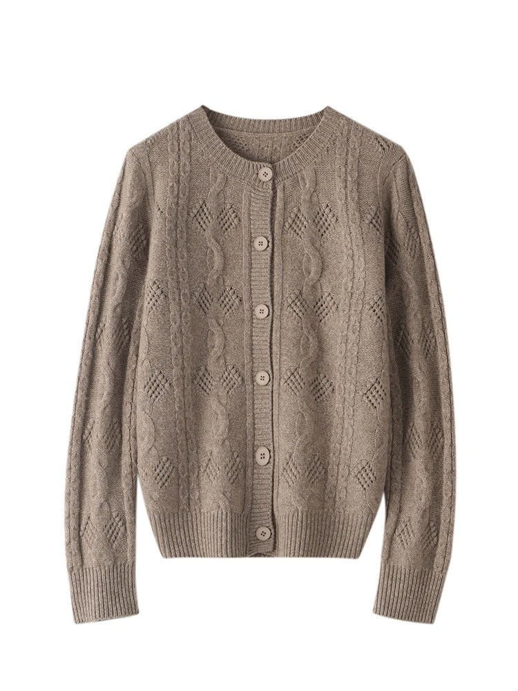 Women’s 100% Merino Wool O‑Neck Hollow‑Out Cardigan – Vintage Knit Layer, Lightweight & Chic – Free Worldwide Shipping