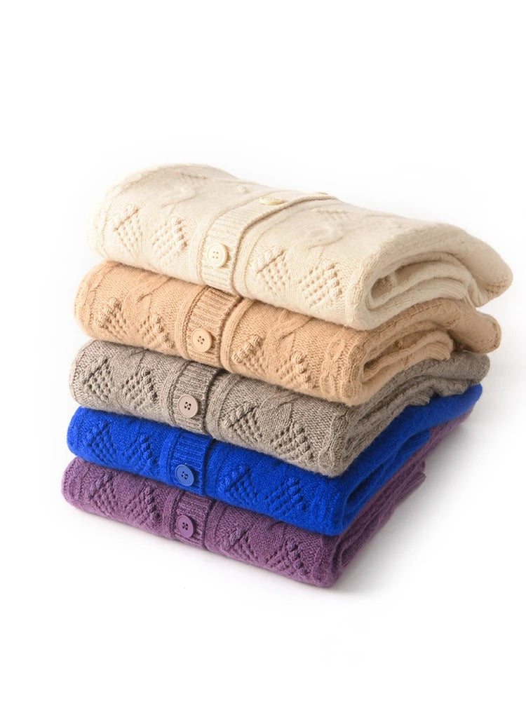Women’s 100% Merino Wool O‑Neck Hollow‑Out Cardigan – Vintage Knit Layer, Lightweight & Chic – Free Worldwide Shipping