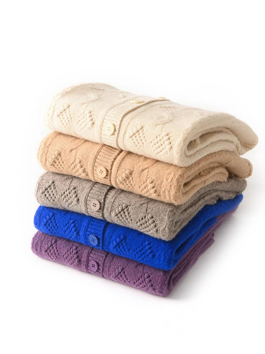 Women’s 100% Merino Wool O‑Neck Hollow‑Out Cardigan – Vintage Knit Layer, Lightweight & Chic – Free Worldwide Shipping