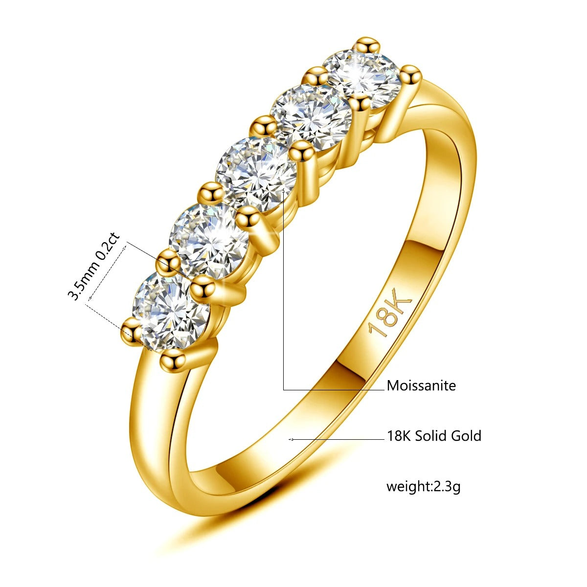 Certified 18K Solid Gold Moissanite 5‑Stone Ring for Women – Luxury Engagement / Wedding Gift
