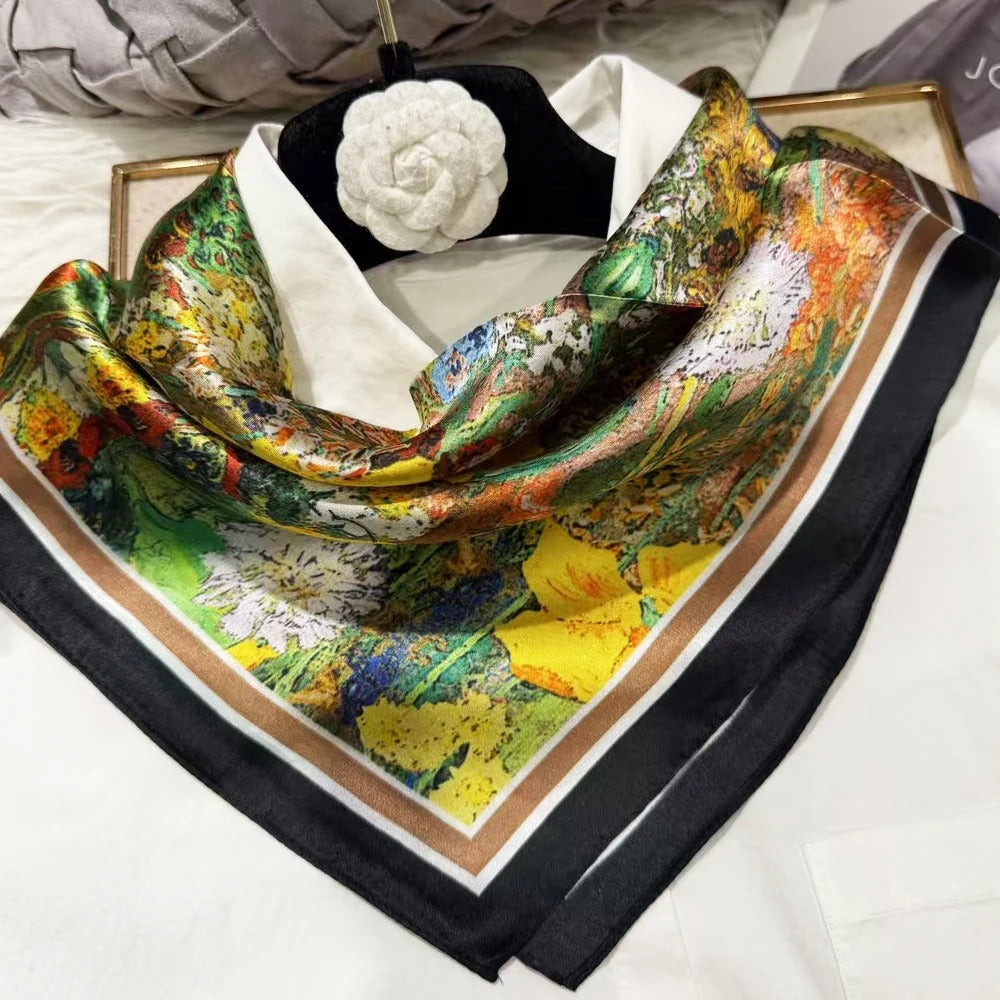 100% Mulberry Silk Floral Square Scarf – Luxury Small Silk Headscarf / Hair & Neck Neckerchief